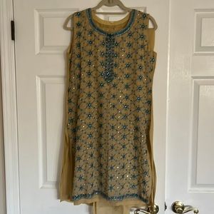 Tan and blue shalwar kameez